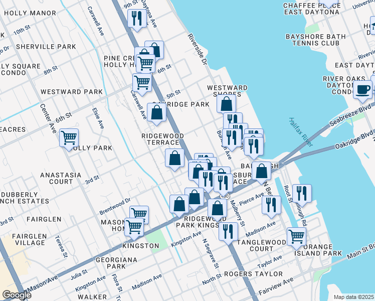 map of restaurants, bars, coffee shops, grocery stores, and more near 221 Ridgewood Avenue in Daytona Beach