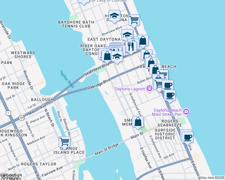 map of restaurants, bars, coffee shops, grocery stores, and more near 404 North Halifax Avenue in Daytona Beach