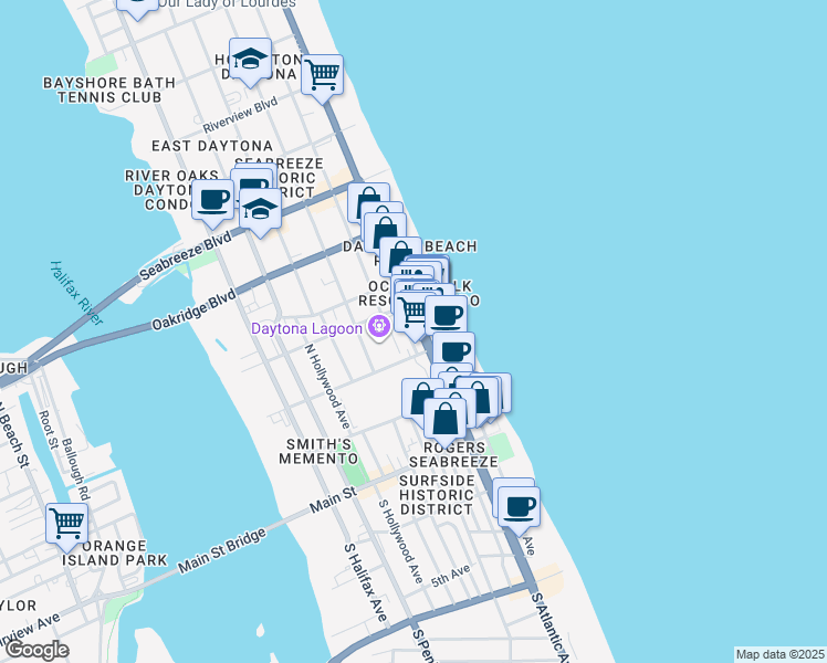 map of restaurants, bars, coffee shops, grocery stores, and more near 221 North Atlantic Avenue in Daytona Beach