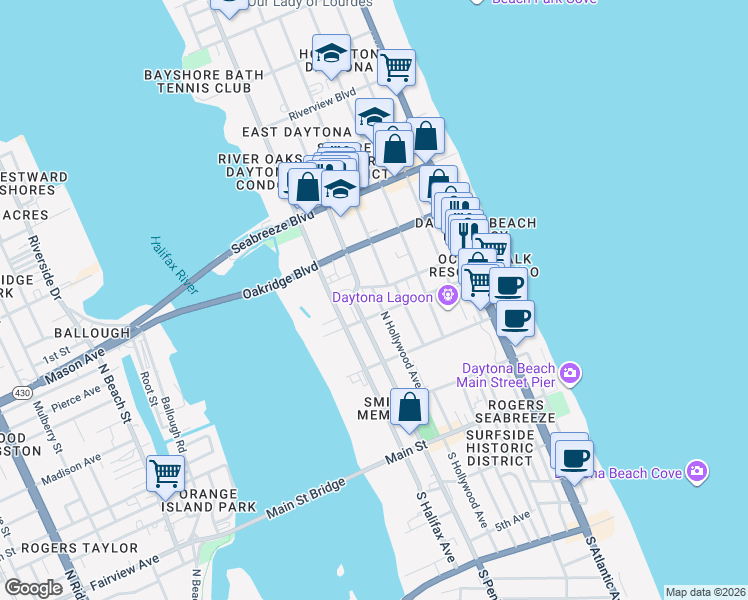 map of restaurants, bars, coffee shops, grocery stores, and more near 317 North Hollywood Avenue in Daytona Beach