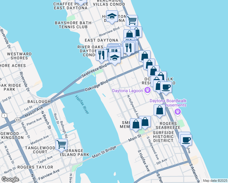 map of restaurants, bars, coffee shops, grocery stores, and more near 404 North Halifax Avenue in Daytona Beach