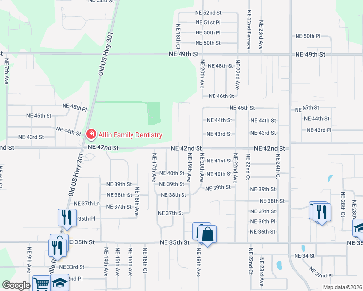 map of restaurants, bars, coffee shops, grocery stores, and more near 4225 Northeast 18th Terrace in Ocala
