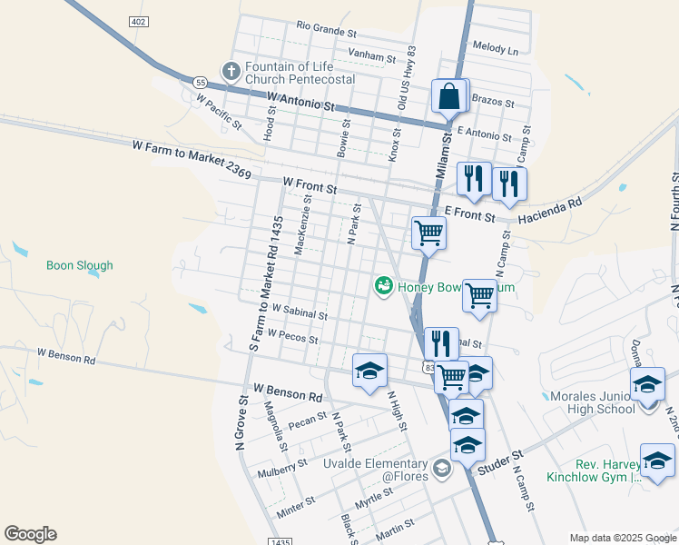 map of restaurants, bars, coffee shops, grocery stores, and more near 1617 North Park Street in Uvalde