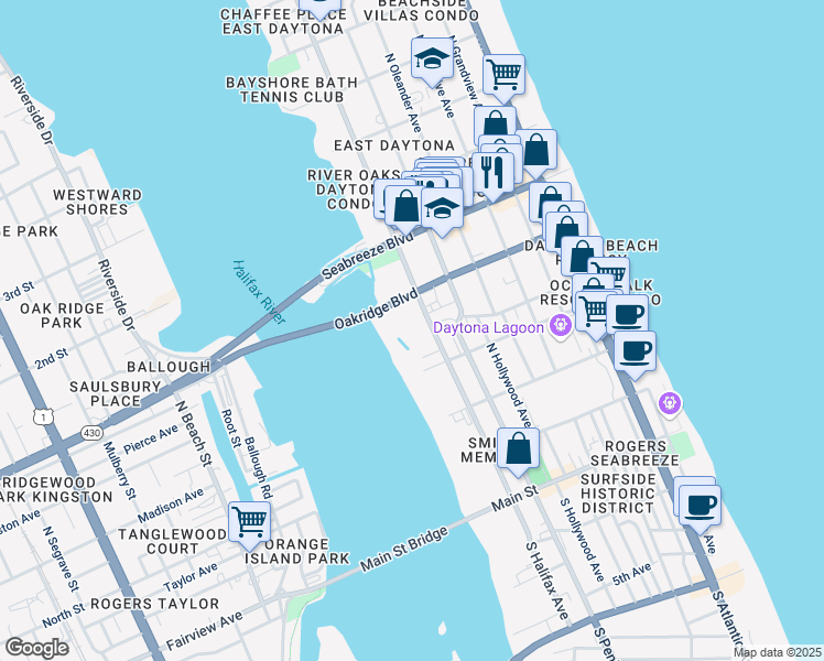 map of restaurants, bars, coffee shops, grocery stores, and more near 409 North Halifax Avenue in Daytona Beach