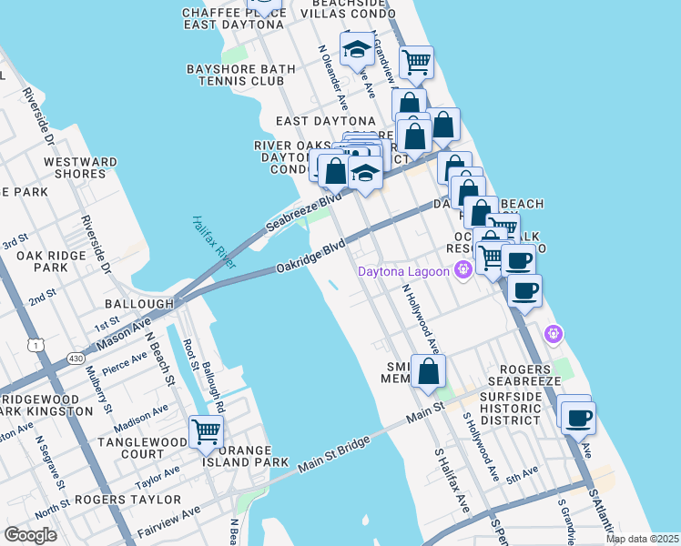 map of restaurants, bars, coffee shops, grocery stores, and more near 411 North Halifax Avenue in Daytona Beach