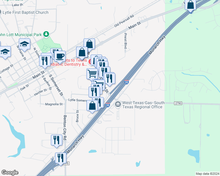map of restaurants, bars, coffee shops, grocery stores, and more near 19525 McDonald Street in Lytle