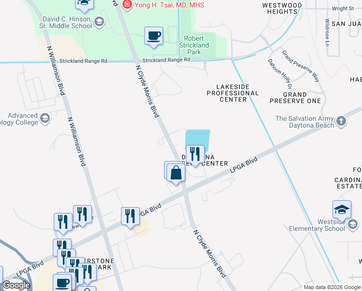 map of restaurants, bars, coffee shops, grocery stores, and more near 1655 North Clyde Morris Boulevard in Daytona Beach