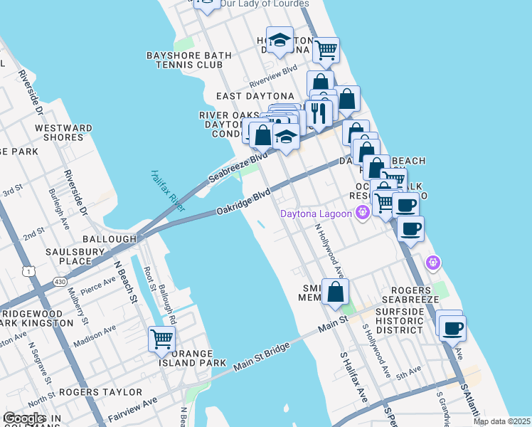 map of restaurants, bars, coffee shops, grocery stores, and more near 409 North Halifax Avenue in Daytona Beach