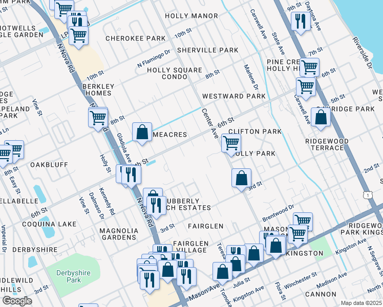 map of restaurants, bars, coffee shops, grocery stores, and more near 649 6th Street in Daytona Beach