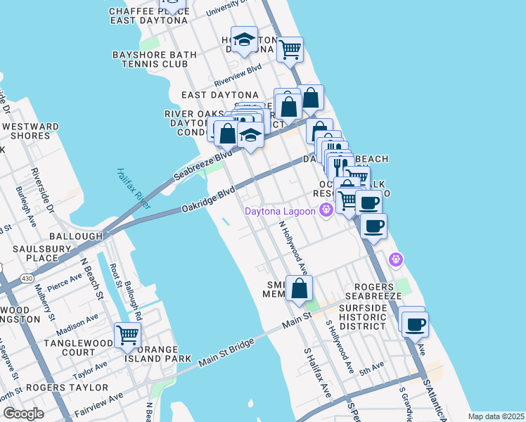 map of restaurants, bars, coffee shops, grocery stores, and more near 324 North Peninsula Drive in Daytona Beach