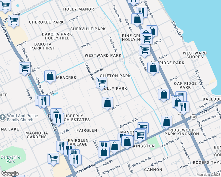 map of restaurants, bars, coffee shops, grocery stores, and more near 546 4th Street in Daytona Beach
