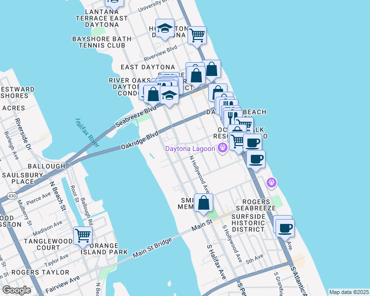 map of restaurants, bars, coffee shops, grocery stores, and more near 319 North Hollywood Avenue in Daytona Beach