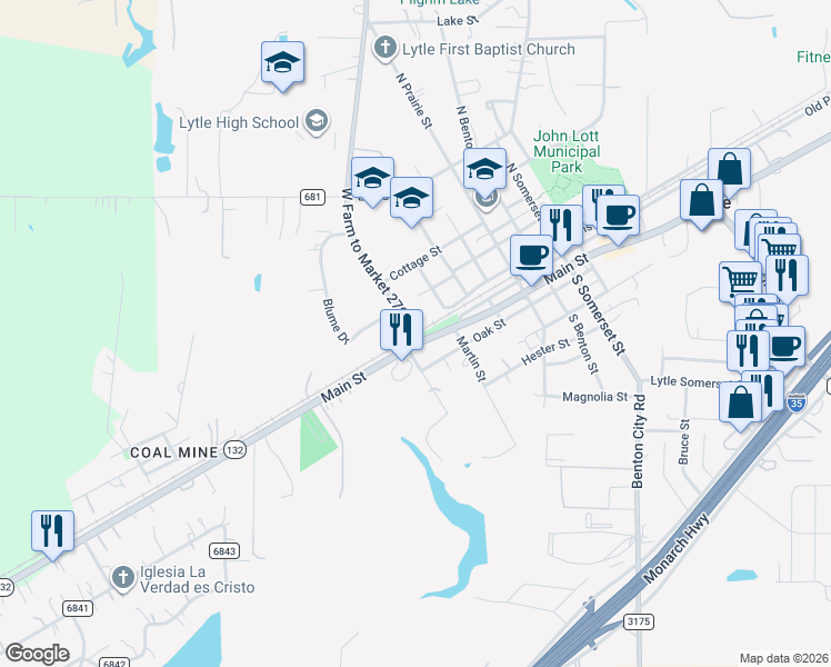 map of restaurants, bars, coffee shops, grocery stores, and more near 19561 West Farm To Market 2790 South in Lytle