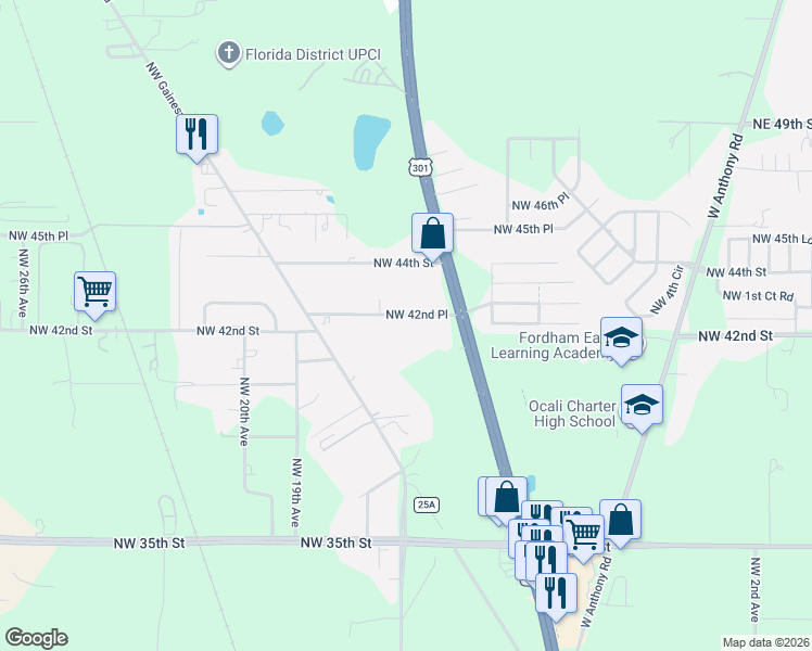 map of restaurants, bars, coffee shops, grocery stores, and more near 1536 Northwest 42nd Place in Ocala