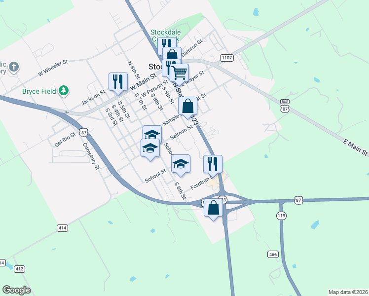 map of restaurants, bars, coffee shops, grocery stores, and more near 609 South 8th Street in Stockdale