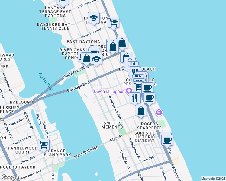 map of restaurants, bars, coffee shops, grocery stores, and more near 501 Ora Street in Daytona Beach