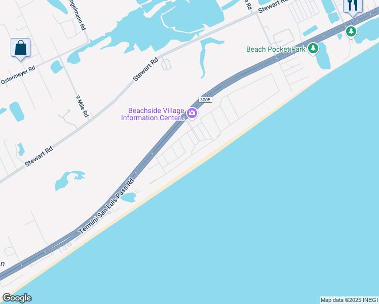 map of restaurants, bars, coffee shops, grocery stores, and more near 11518 Beachside in Galveston