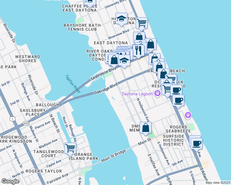 map of restaurants, bars, coffee shops, grocery stores, and more near 415 North Halifax Avenue in Daytona Beach