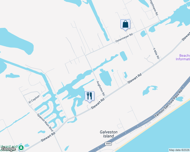 map of restaurants, bars, coffee shops, grocery stores, and more near 3325 Aughsten Road in Galveston