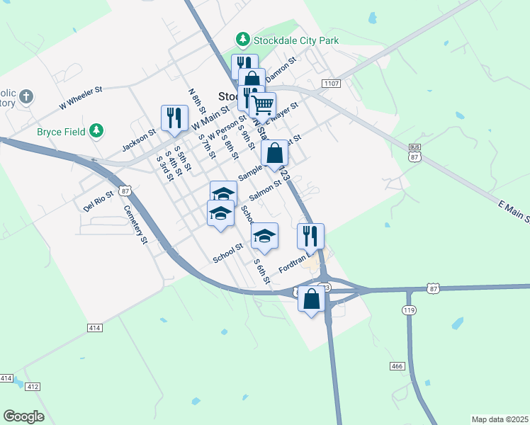 map of restaurants, bars, coffee shops, grocery stores, and more near 609 South 8th Street in Stockdale