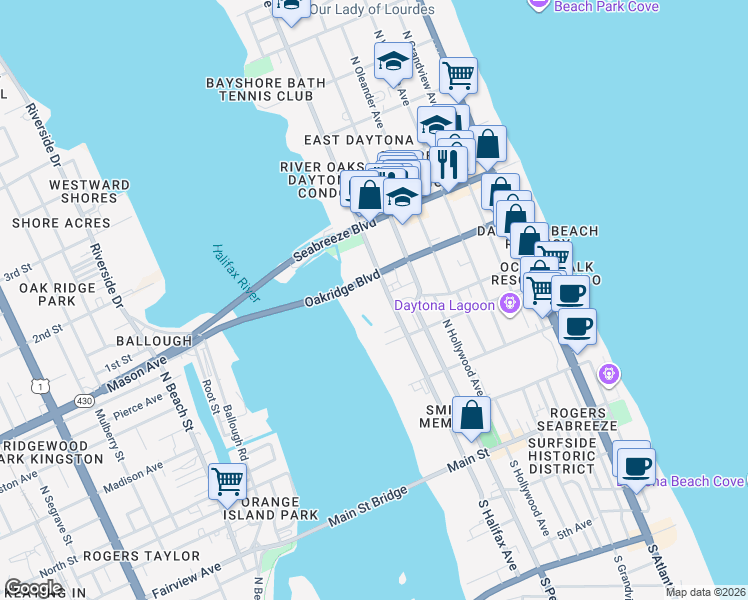 map of restaurants, bars, coffee shops, grocery stores, and more near 409 North Halifax Avenue in Daytona Beach