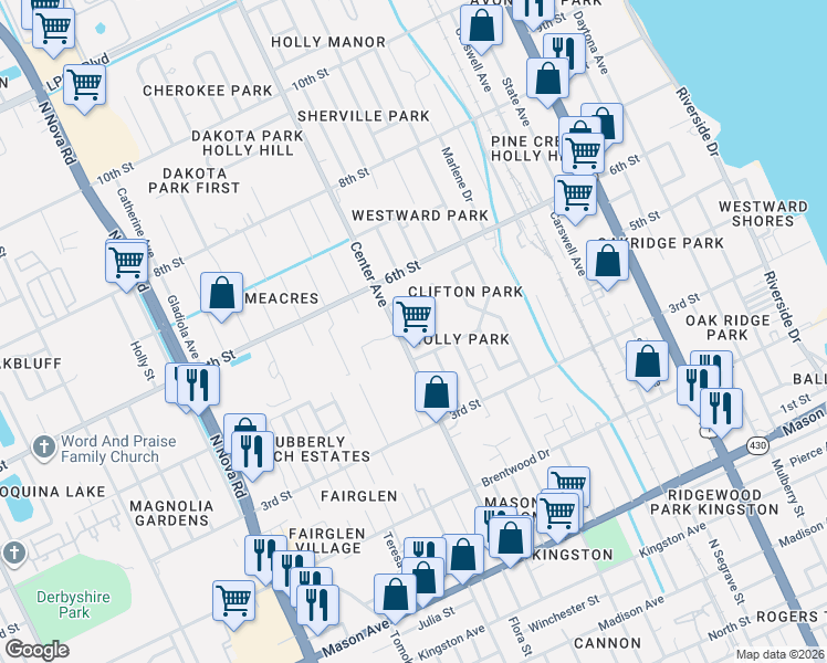map of restaurants, bars, coffee shops, grocery stores, and more near 445 Center Avenue in Holly Hill