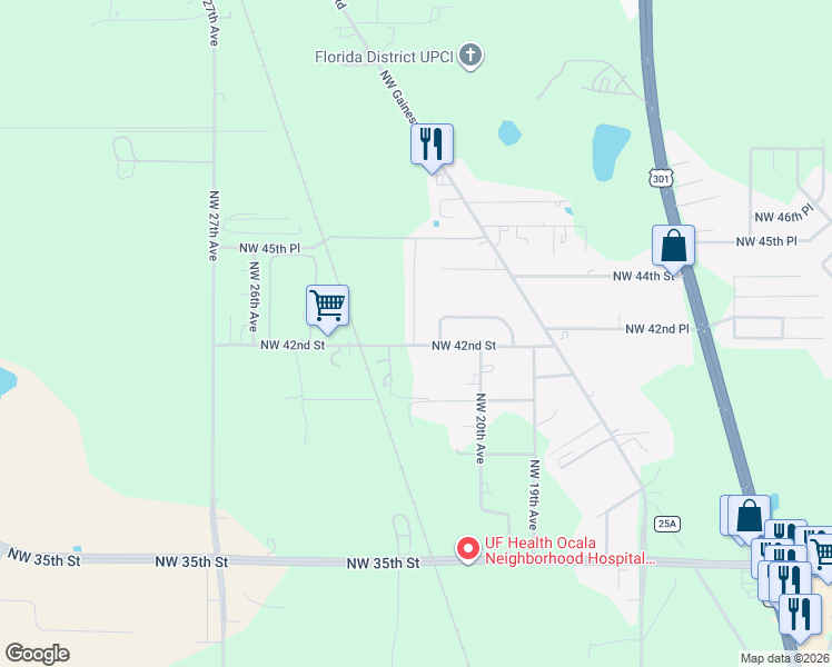 map of restaurants, bars, coffee shops, grocery stores, and more near 4252 Northwest 22nd Avenue in Ocala