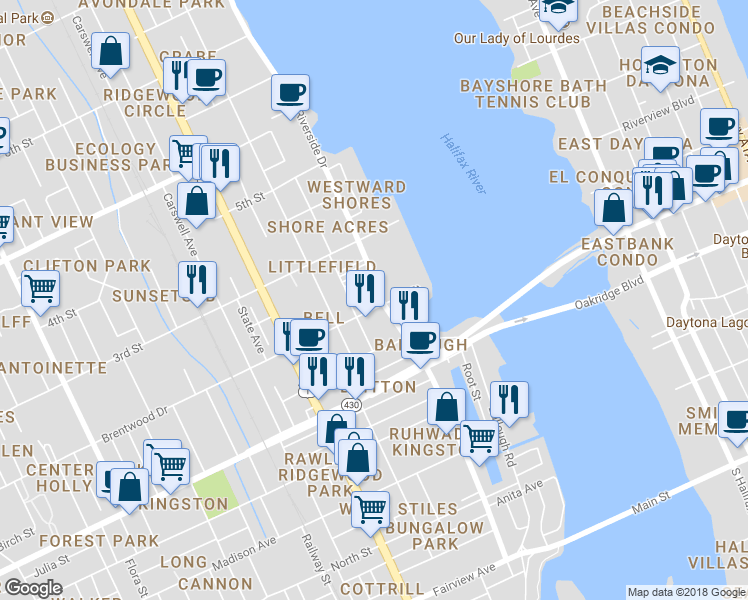 map of restaurants, bars, coffee shops, grocery stores, and more near 206 Riverside Drive in Daytona Beach
