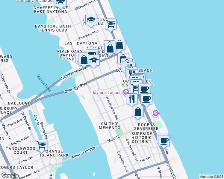 map of restaurants, bars, coffee shops, grocery stores, and more near 501 Ora Street in Daytona Beach