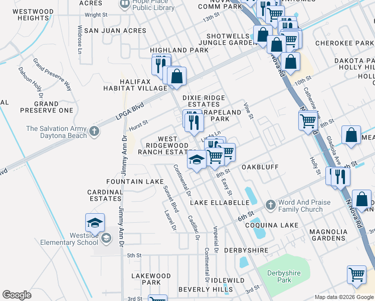 map of restaurants, bars, coffee shops, grocery stores, and more near 907 Shady Park Terrace in Daytona Beach