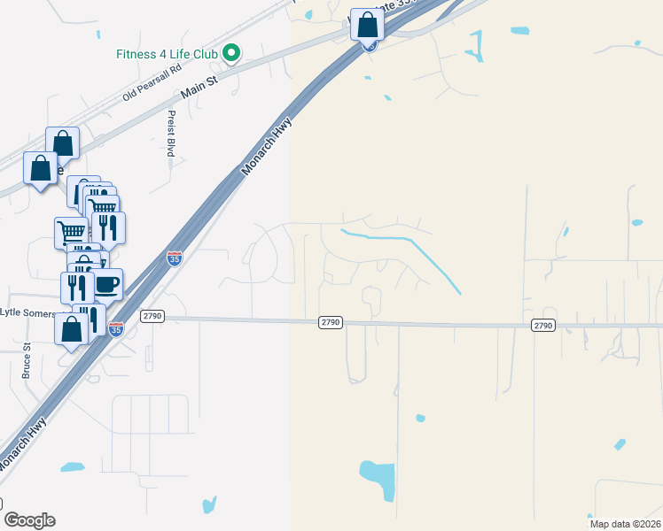 map of restaurants, bars, coffee shops, grocery stores, and more near 984-14173 Farm to Market Road 2790 in Lytle