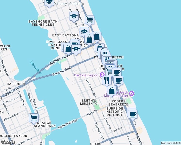 map of restaurants, bars, coffee shops, grocery stores, and more near 318 North Oleander Avenue in Daytona Beach