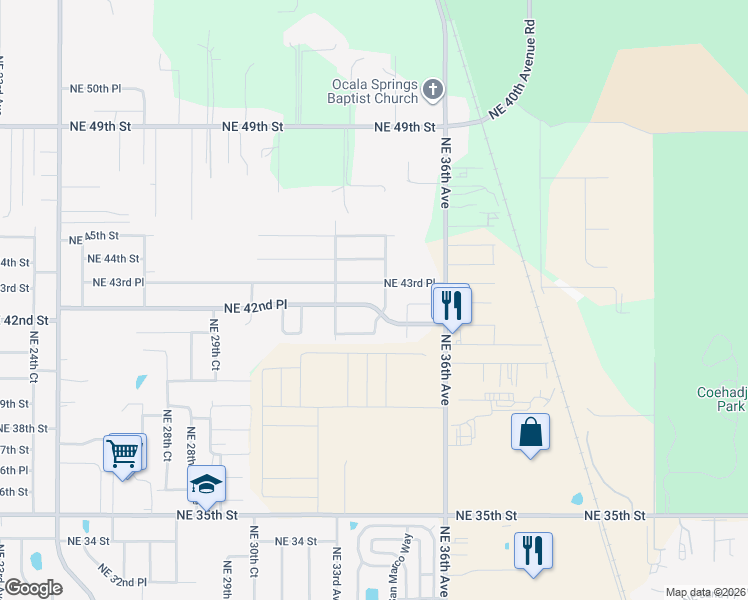 map of restaurants, bars, coffee shops, grocery stores, and more near 3401 Northeast 42nd Place in Ocala