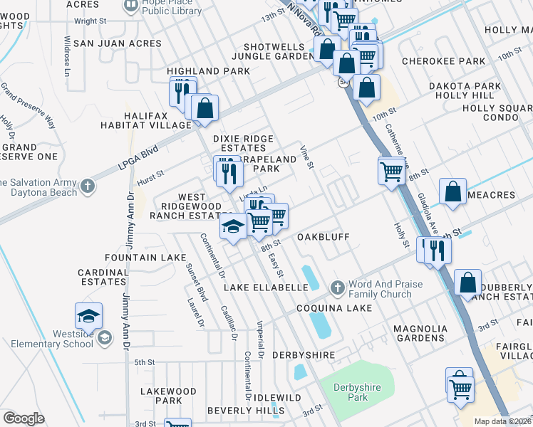 map of restaurants, bars, coffee shops, grocery stores, and more near Bishop Butts Circle in Daytona Beach
