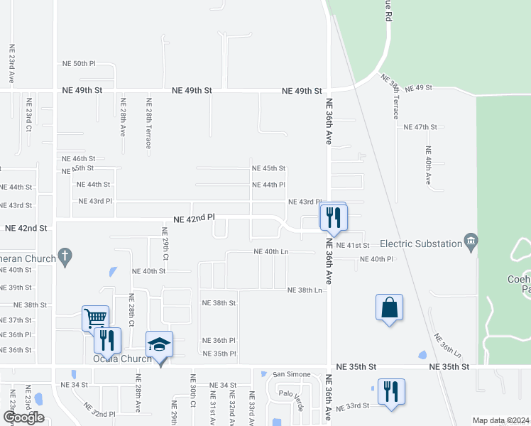 map of restaurants, bars, coffee shops, grocery stores, and more near 3349 Northeast 42nd Place in Ocala