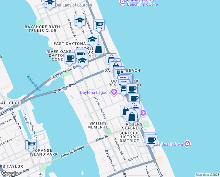 map of restaurants, bars, coffee shops, grocery stores, and more near 138 Ora Street in Daytona Beach