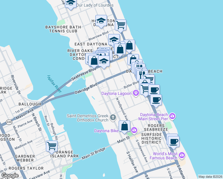 map of restaurants, bars, coffee shops, grocery stores, and more near 315 North Hollywood Avenue in Daytona Beach