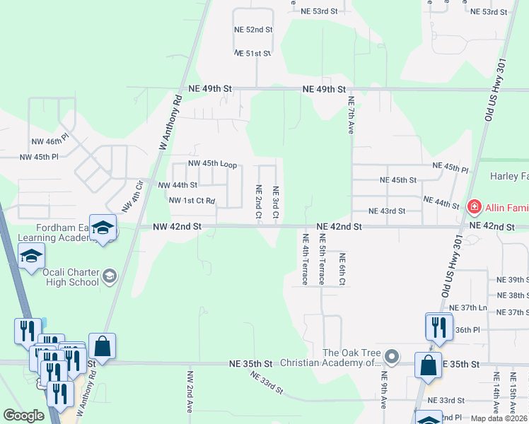 map of restaurants, bars, coffee shops, grocery stores, and more near 275 Northeast 42nd Street in Ocala