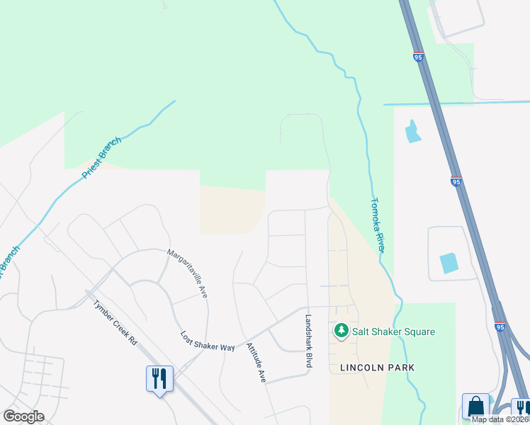 map of restaurants, bars, coffee shops, grocery stores, and more near Lost Shaker Way in Daytona Beach