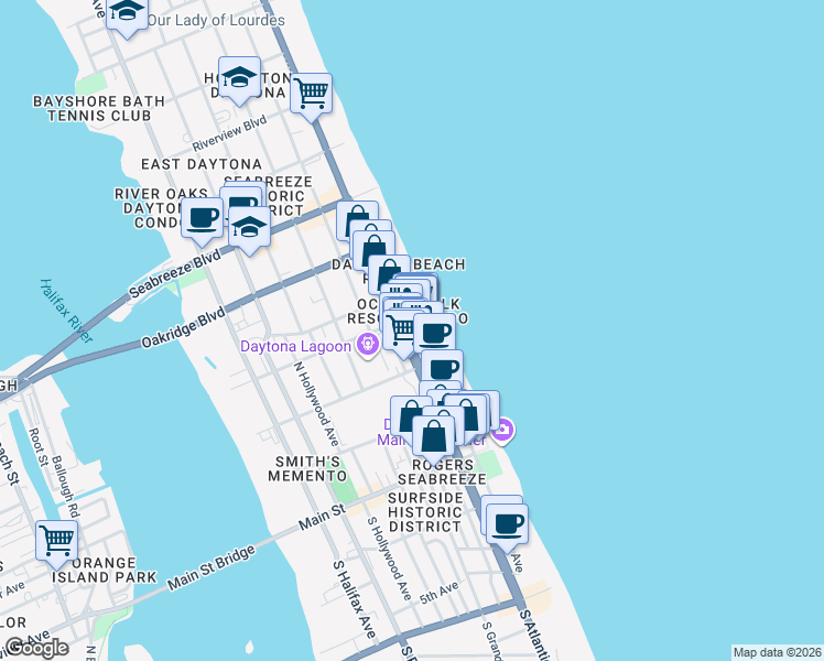 map of restaurants, bars, coffee shops, grocery stores, and more near 221 North Atlantic Avenue in Daytona Beach