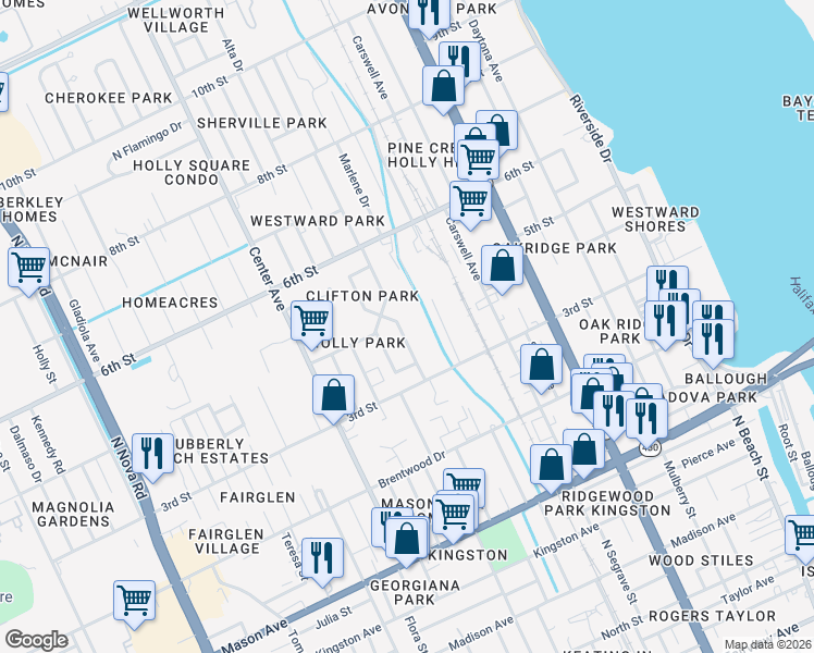 map of restaurants, bars, coffee shops, grocery stores, and more near 355 Elsie Avenue in Daytona Beach