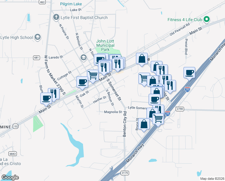 map of restaurants, bars, coffee shops, grocery stores, and more near 19502 South Benton Street in Lytle