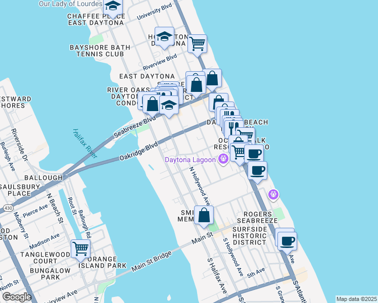 map of restaurants, bars, coffee shops, grocery stores, and more near 315 North Hollywood Avenue in Daytona Beach