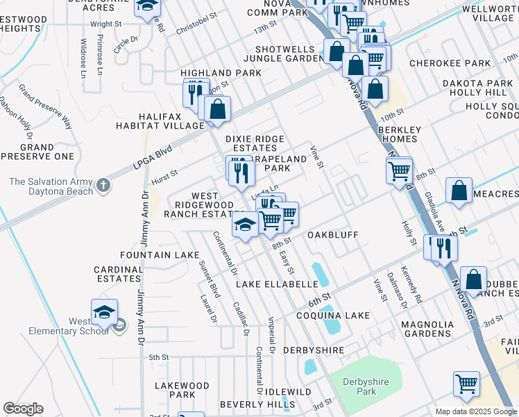 map of restaurants, bars, coffee shops, grocery stores, and more near 1290 9th Street in Daytona Beach