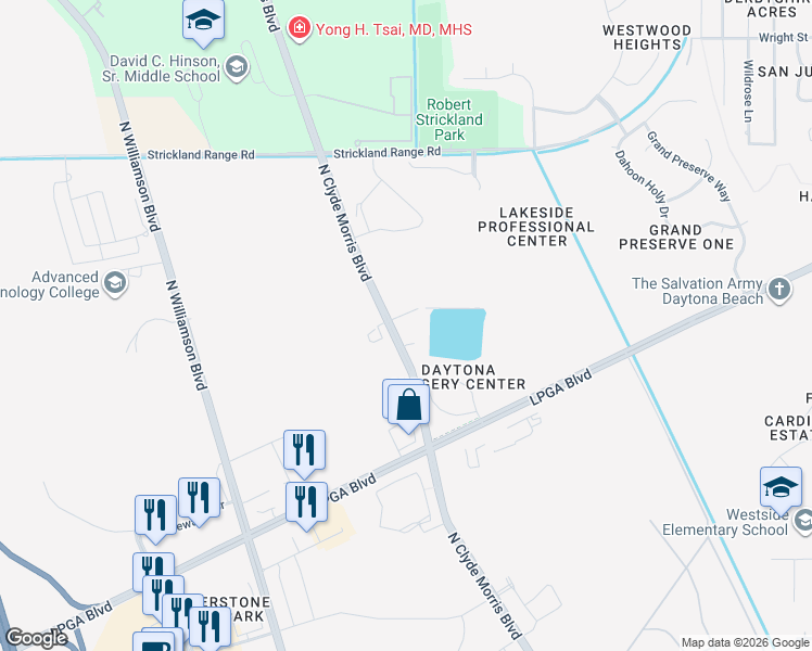 map of restaurants, bars, coffee shops, grocery stores, and more near 1655 North Clyde Morris Boulevard in Daytona Beach