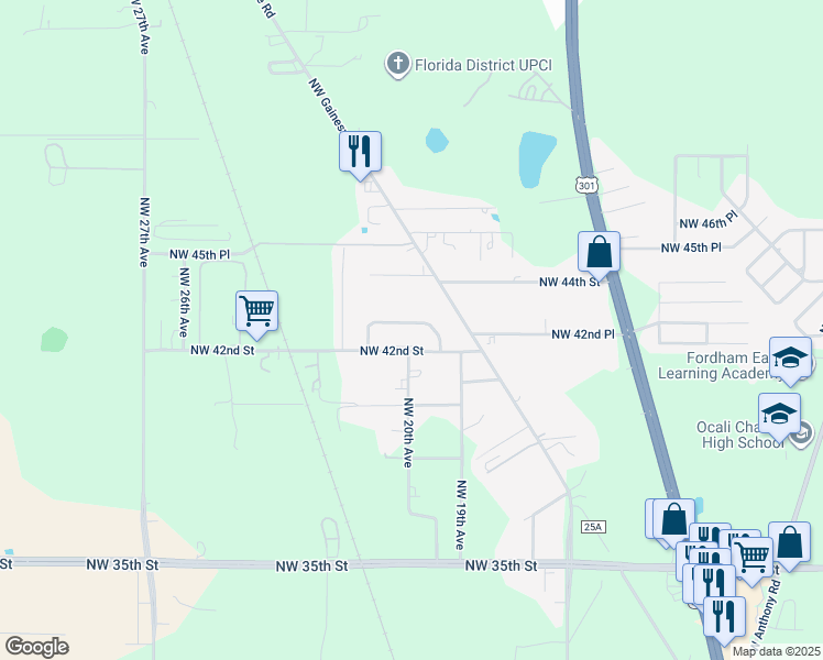 map of restaurants, bars, coffee shops, grocery stores, and more near 4230 Northwest 19th Court in Ocala