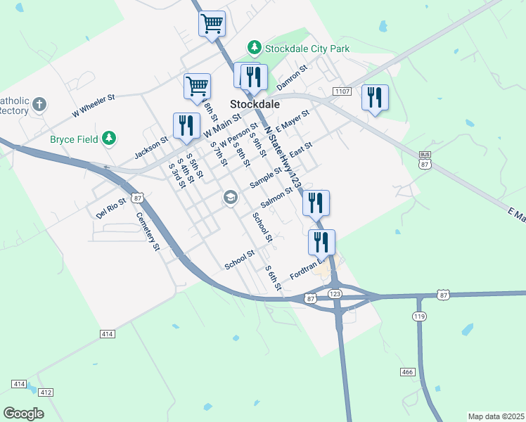 map of restaurants, bars, coffee shops, grocery stores, and more near 609 South 8th Street in Stockdale