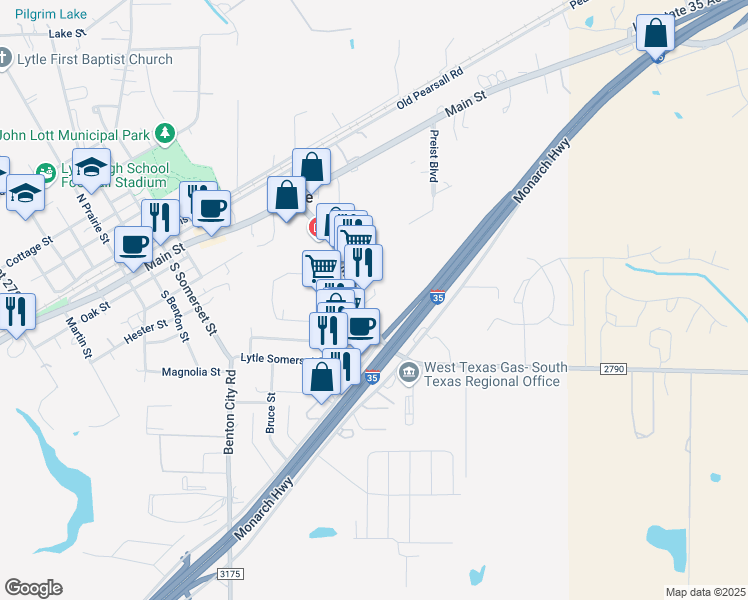 map of restaurants, bars, coffee shops, grocery stores, and more near 9561 Farm to Market Road 2790 in Lytle
