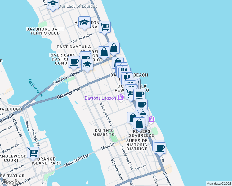 map of restaurants, bars, coffee shops, grocery stores, and more near 138 Ora Street in Daytona Beach