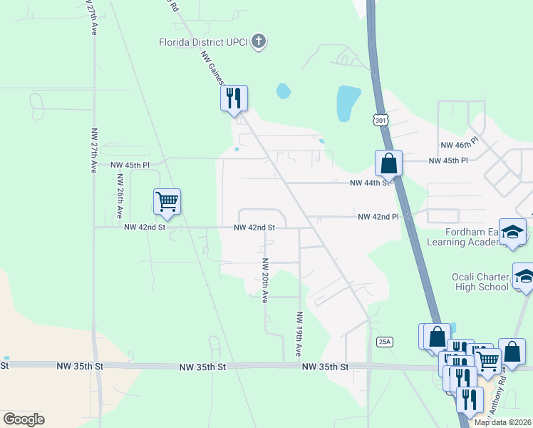 map of restaurants, bars, coffee shops, grocery stores, and more near 4230 Northwest 19th Court in Ocala